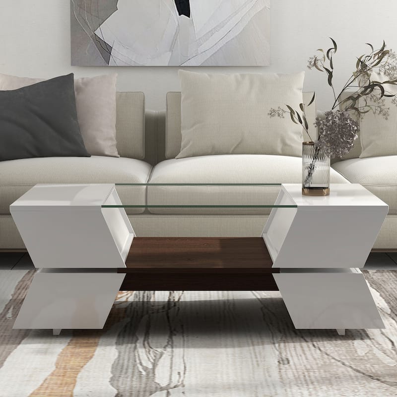 Glass Top Coffee Table with Open Shelves and Cabinets