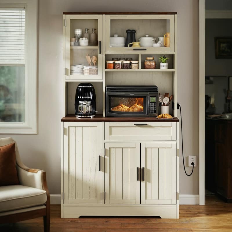 Moasis Farmhouse Kitchen Food Pantry Cabinet Kitchen Storage Cabinet with Adjustable Shelve And Built-In Charge Station - Off-White