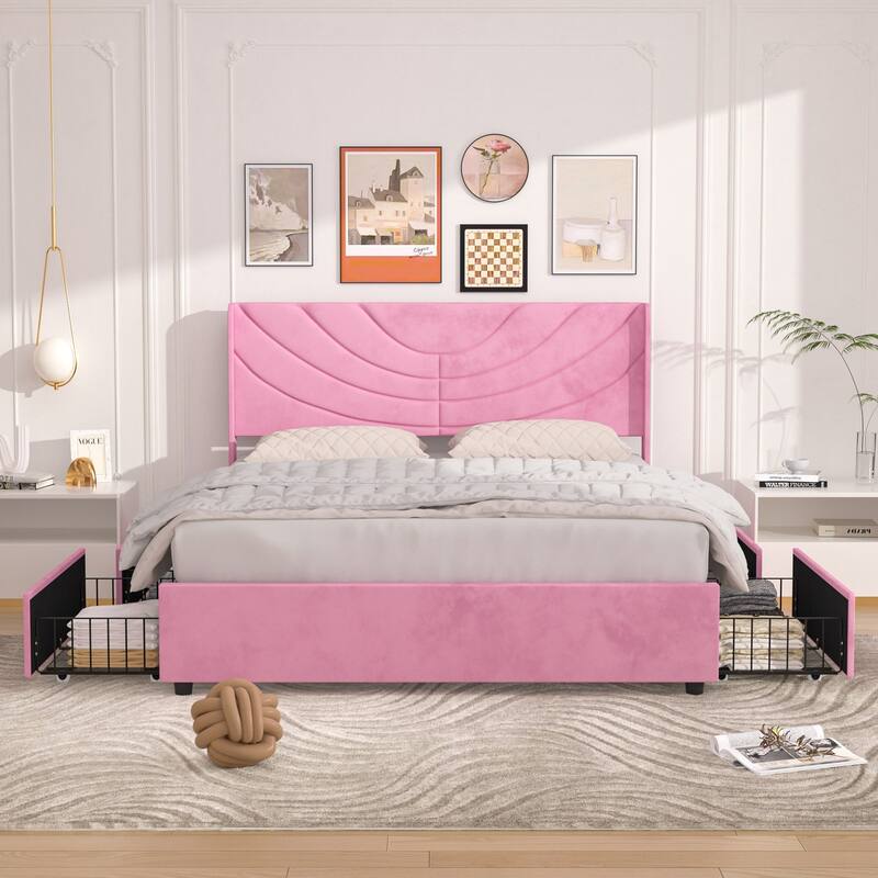 Javlergo Upholstered Bed with Tufted Headboard Bed Frames with Storage Drawers Princess Platform Bed with Wooden Slats Support
