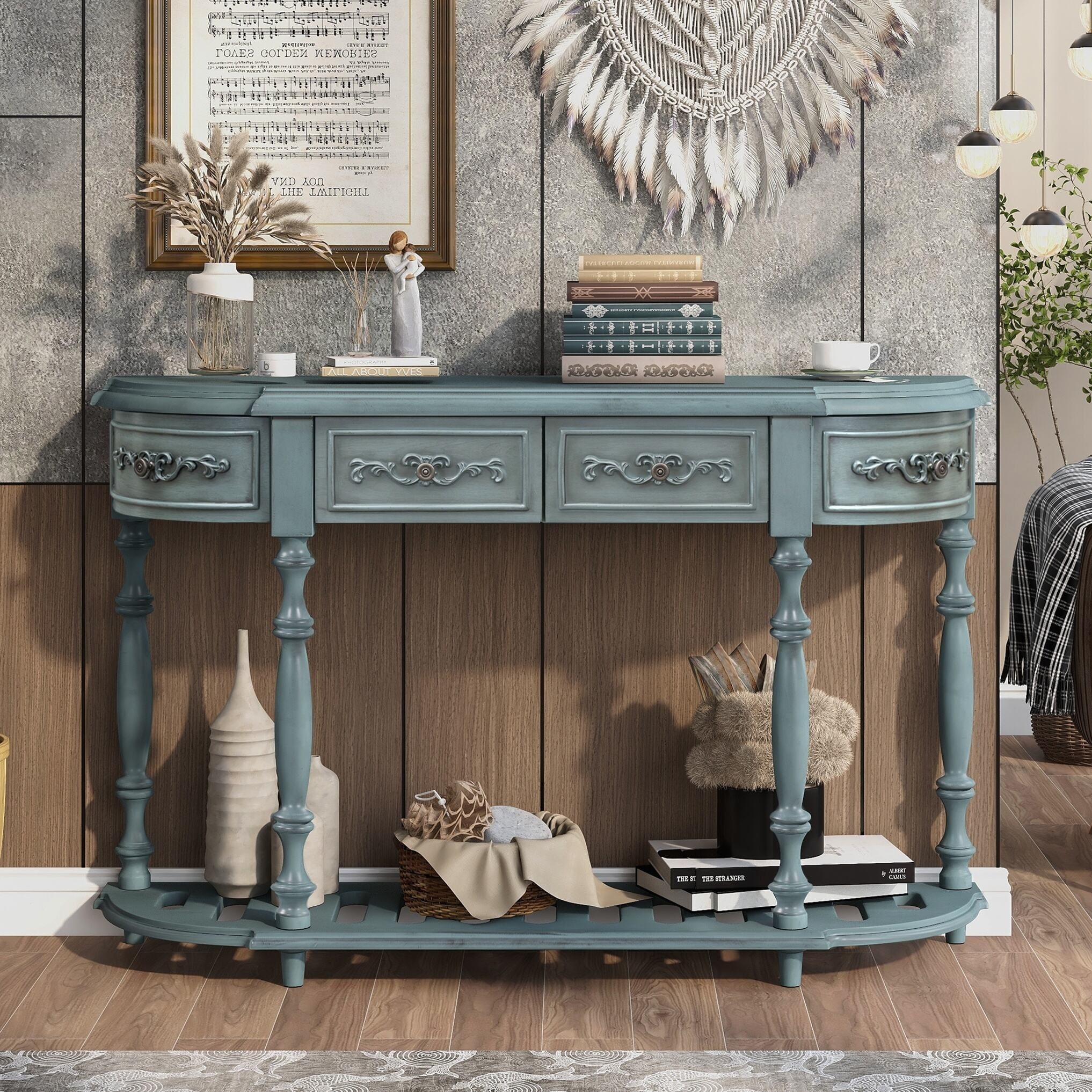 Modern and Contemporary Curved Console Table Sofa Table Entryway Table for Hallway Living Room with 4 Drawers and 1 Shelf