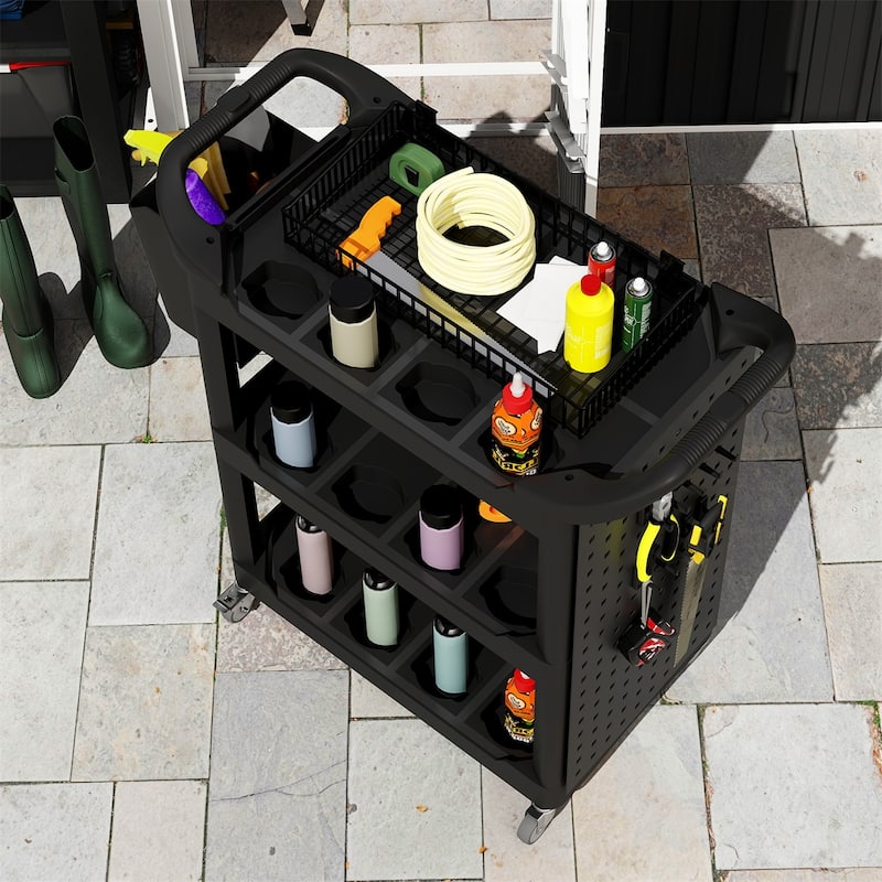 Adjustable Workshop Stool with Lumbar Support, Locking Wheels and Metal Tray and Bottle Holders