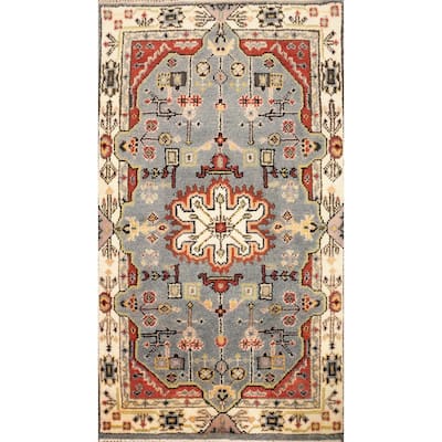 Hand Knotted Oriental 100% Wool Carpet Transitional Geometric Greys & Charcoal Oushak Area Rug - 5' 1'' X 2' 11''