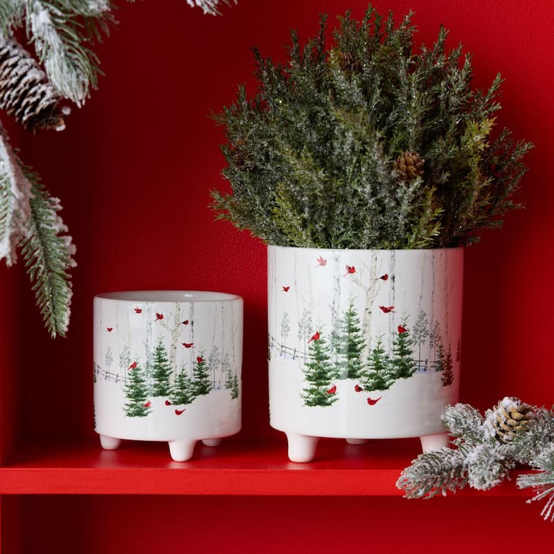 Winter Cardinal Forest Christmas Planters - 6" - Set of 2