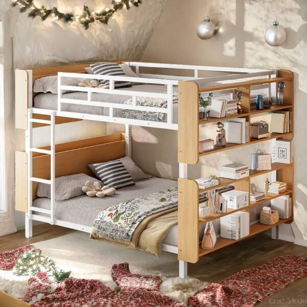 slide 2 of 16, White Full over Full Metal Bunk Bed with Storage Space, Ladder and Full-Length Guardrail White