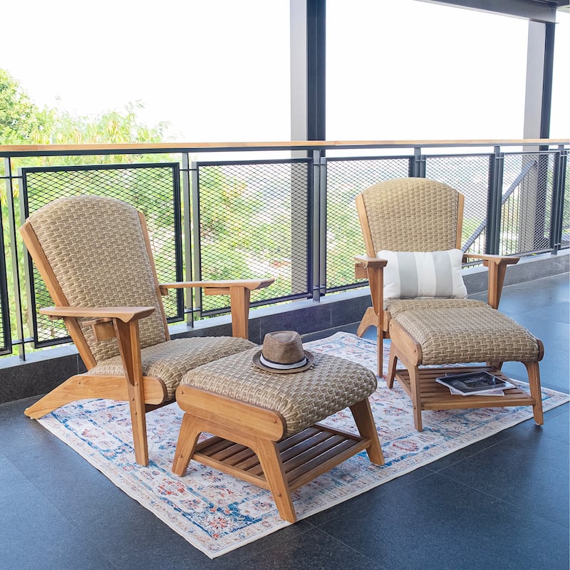 Cambridge Casual Camden Set of 4 Teak Outdoor Adirondack Chairs with Padded Seat - Natural Teak/Beige Wicker