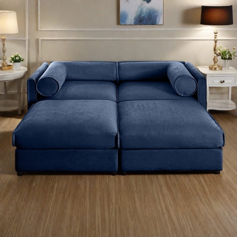 75.5" 2-Seater Chenille Sofa with 2 Ottoman Storage Seats, Cylindrical Backrest and Modular Design - Blue