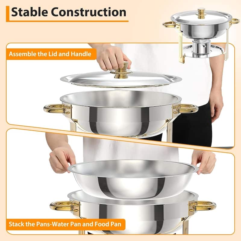 6 Pack 5QT Round Chafing Dishes Buffet Set with Lids - Includes Lid Holder Serving Spoon Tweezers