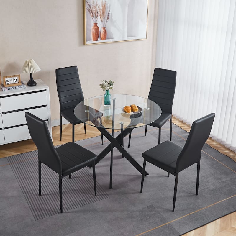 Modern Round Glass Dining Table for 2 to 4 Person, Circle Kitchen Table with Tempered Glass Top and Cross Metal Legs - Black