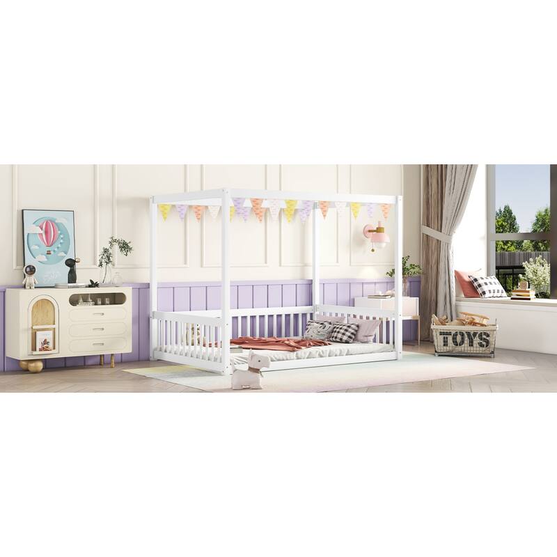 Roomfitters Full Canopy Frame Floor Bed, Rubber Wood Platform with Guardrails and Low-Profile Design, White