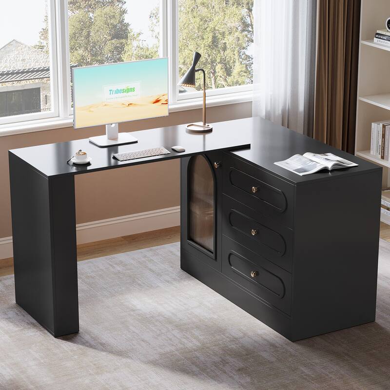 Modern 360° Rotatable Computer Desk with 3 Drawers, L Shaped Corner Executive Desk