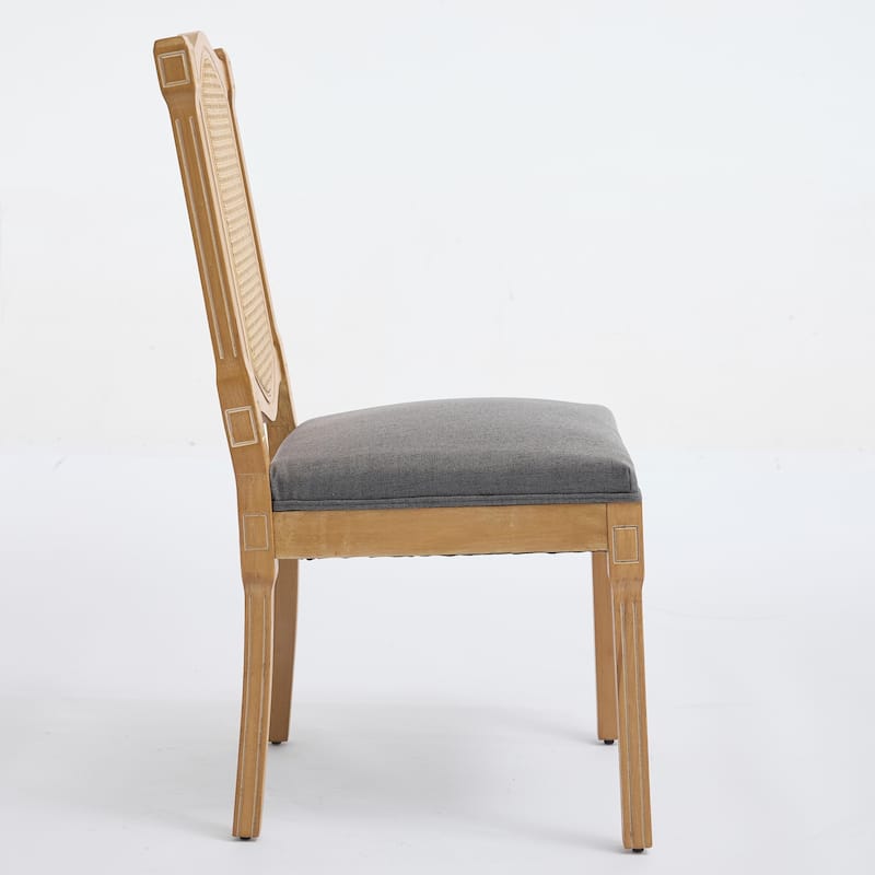 Set of 2 Full Solid Wood Rattan-Back Dining Chair, Matte Linen Cushion with High-Resilience Foam & S-Springs