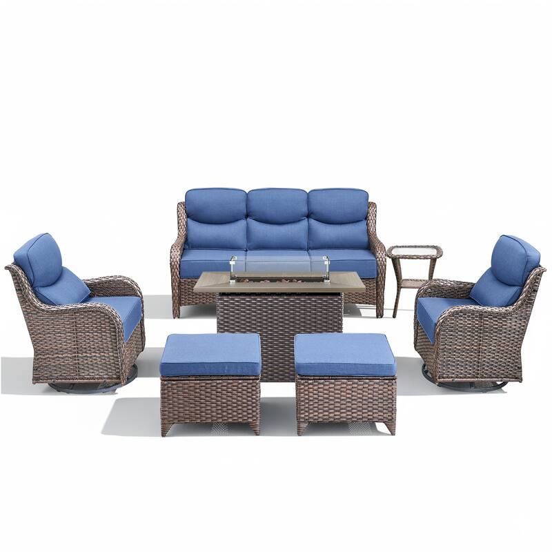 Meyreso 7-Piece Wicker Outdoor Patio Fire Pit Conversation Set with 6-Inch Thick Cushions
