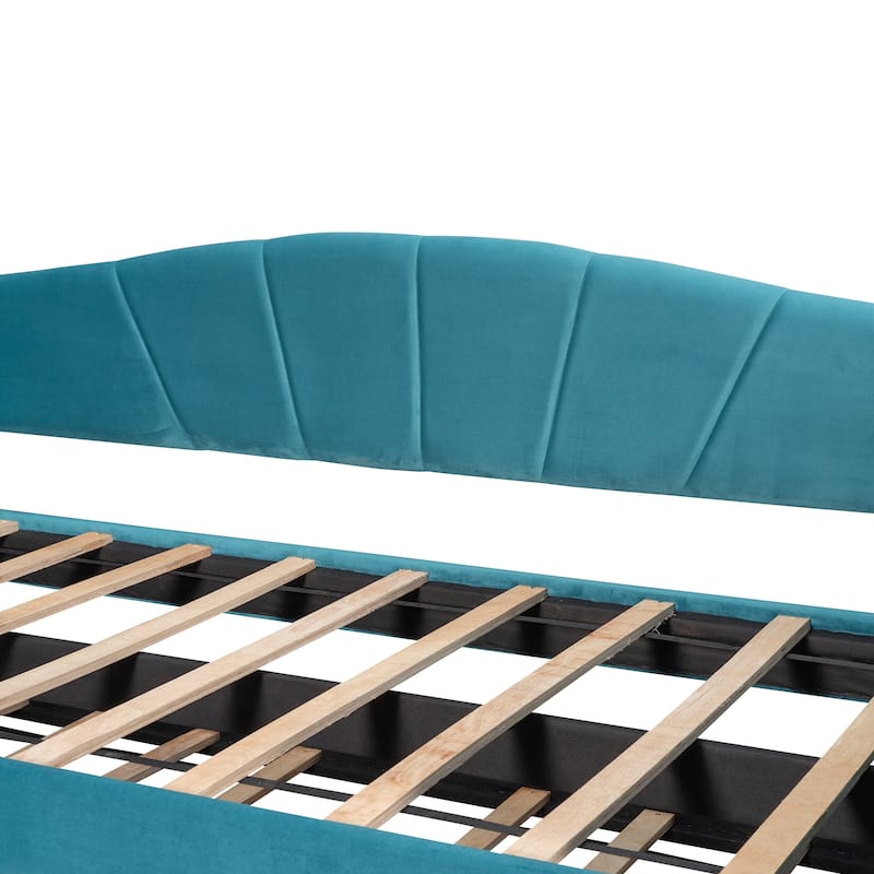 Blue Velvet Upholstered Twin Size Daybed Sofa Bed with Twin Size Trundle, Wood Slat Support