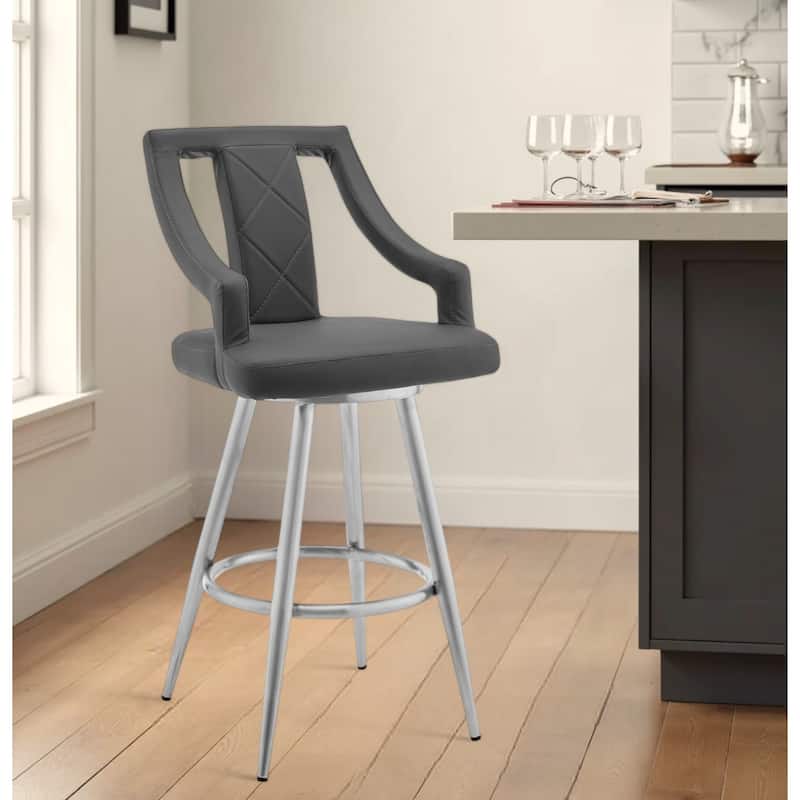 Grey Faux Leather Swivel Bar Chair with Arms, Footrest and Silver Frame