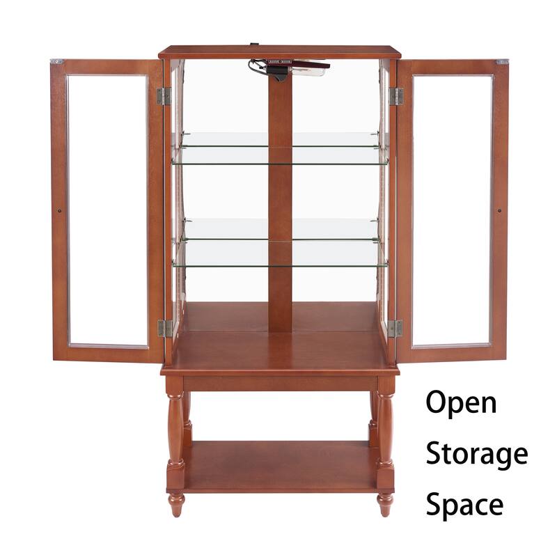 Modern Corner Curio Display Cabinet with Open Storage, Adjustable Shelves, Mirrored Back Panel, E26 Bulb Not Included
