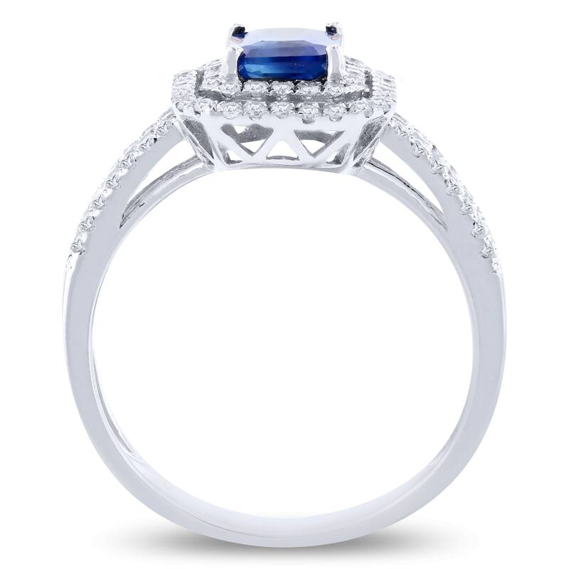Auriya 18k White Gold 1 1/10ct Emerald-Cut Blue Sapphire and 1/2ctw Halo Diamond Engagement Ring
