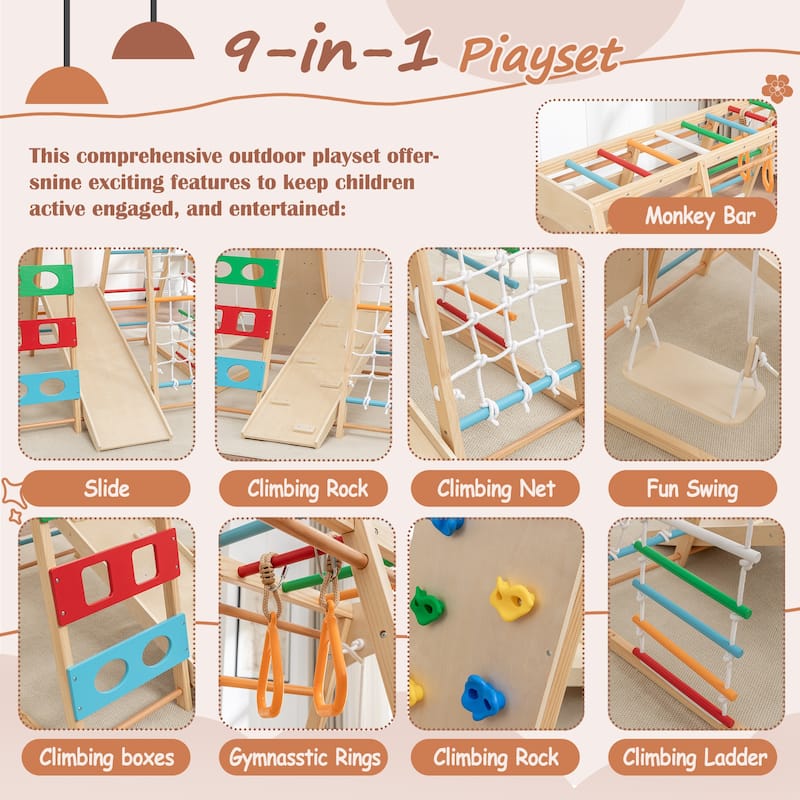 2-in-1 Slide & Climb Set, 9-in-1 Outdoor Playset for Motor Skills, Fun & Safe Play