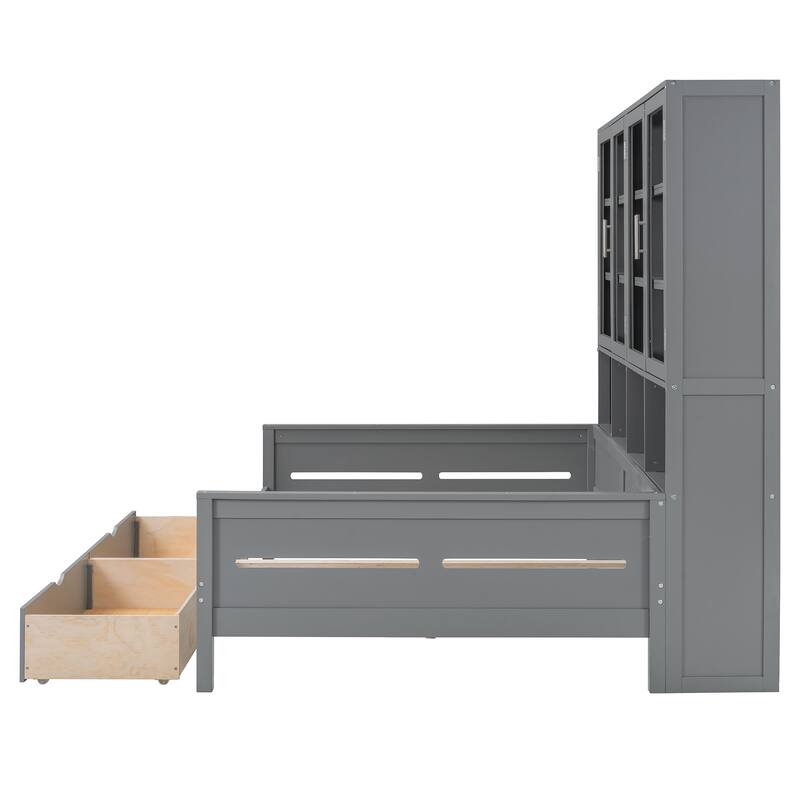 Wooden Daybed with Glass-Door Storage Cabinets, Built-in LED Lighting and Shelves