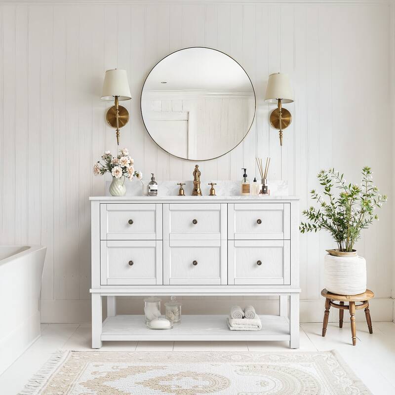 48 Inch Single Bathroom Vanity with 6 Drawers, Marble Top Bathroom Vanity with Sink in White