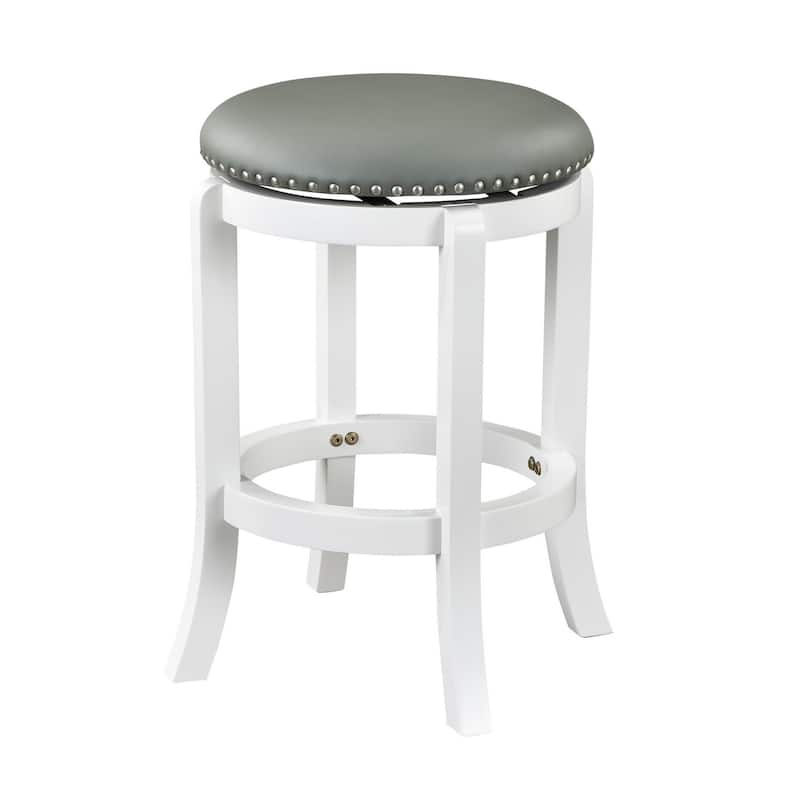 Ovi 25 Inch Backless Swivel Counter Stool, Gray Faux Leather, Nailhead Trim