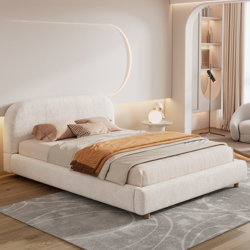 Christopher Knight Home - Eleanor Boucle Fabric Upholstered Platform Bed with Curve-Shaped Design - White - Queen