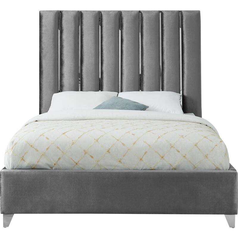 Modern Velvet Upholstered Bed - Low Profile Design with Chrome Accents