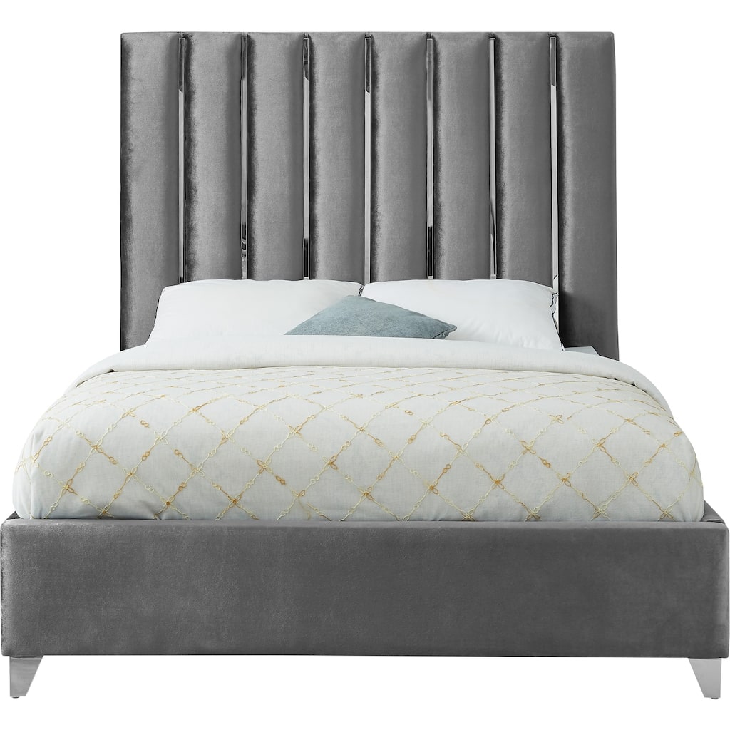 Modern Velvet Upholstered Bed - Low Profile Design with Chrome Accents