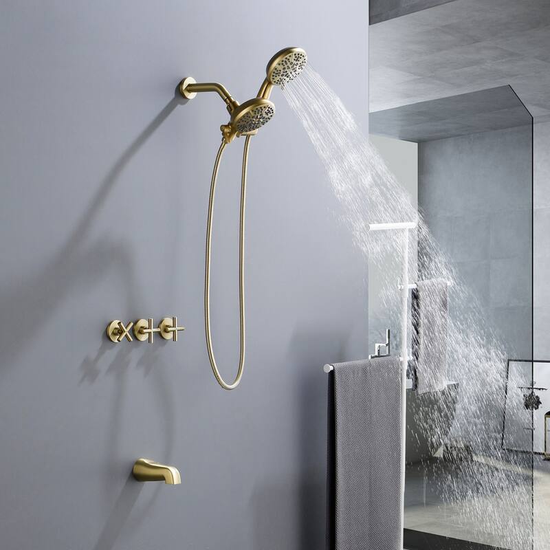 Modland 3-Handle Tub and Shower Faucet Set Dual Head 7-Spray Brass Valve Kit with Alloy Spout