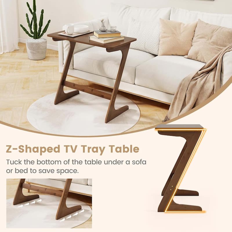 Set of 2 Bamboo TV Tray Table Z Shaped Sofa Side Table for Small Space