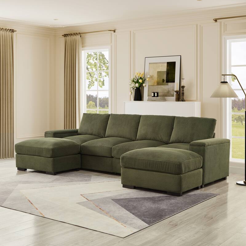4-Deep Seat Corduroy Sectional Sofa Couch with 2 Ottomans - Dark Green