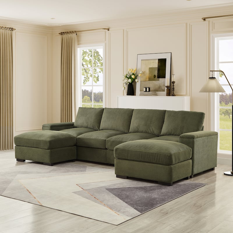 Symmetrical U-shaped Sectional Sofa Corduroy Sleeper Couch with Storage Armrests and Deep Seating, 4 Seat & 2 Ottomans Set