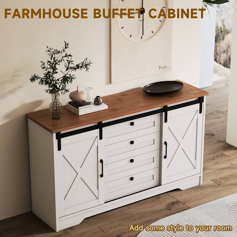 JASIWAY Barn Buffet Sideboard Cabinet with 2 Doors and 4 Drawers