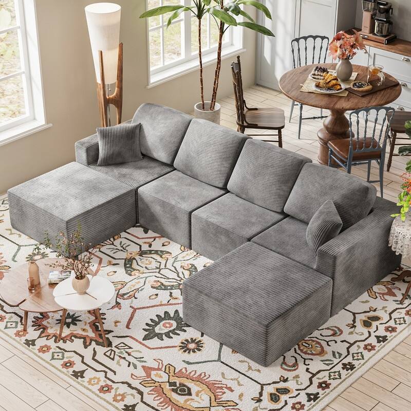 126" Modular Sectional Sofa, U Shaped Cloud Couches for Living Room, Upholstered Boneless Couch with Ottoman - Grey