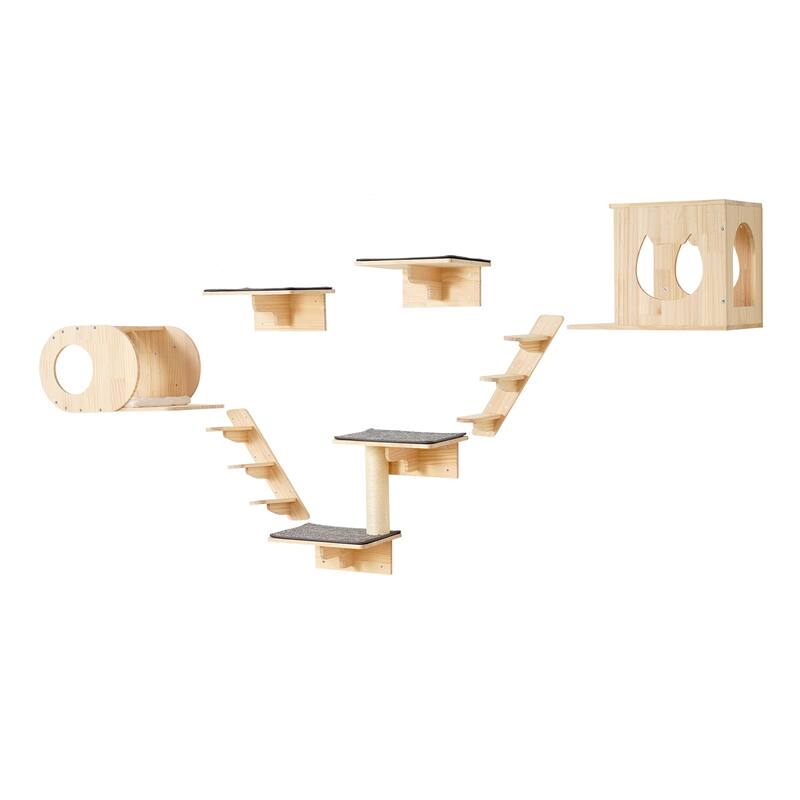 Wall Mounted Cat Shelves, Cat Wall Shelves and Perches with Jumping Boards, Hammock, Sofa, Cat Tree & Cat Grip - 7 set - E0-grade pine wood