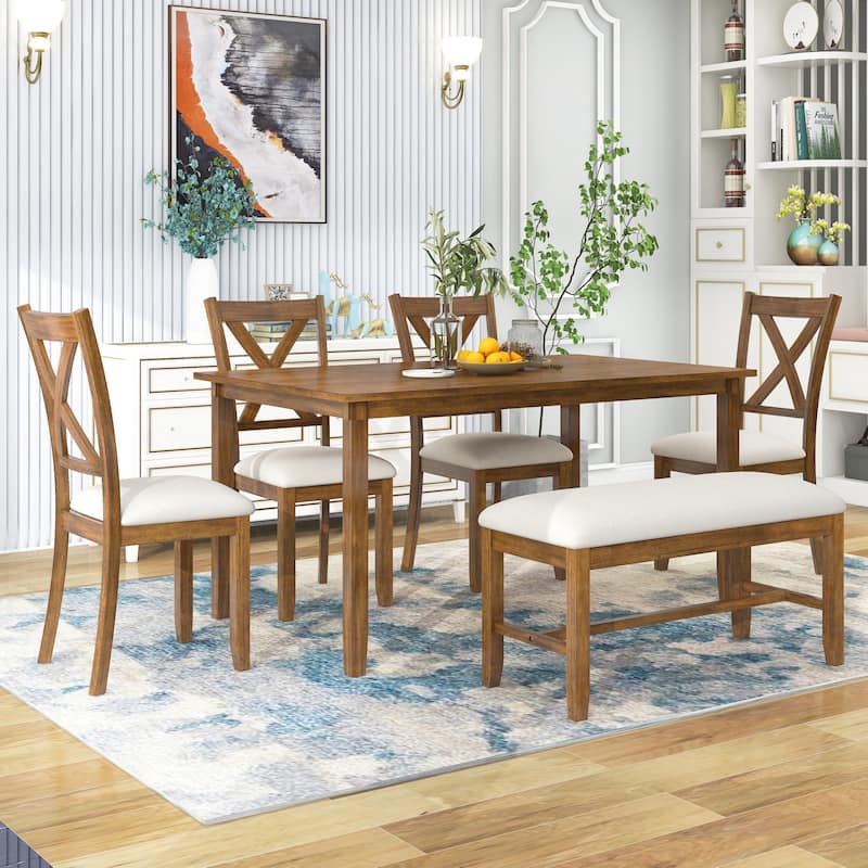 Classic Wood Dining Table 6Piece Sets w/Upholstered Chair & Bench