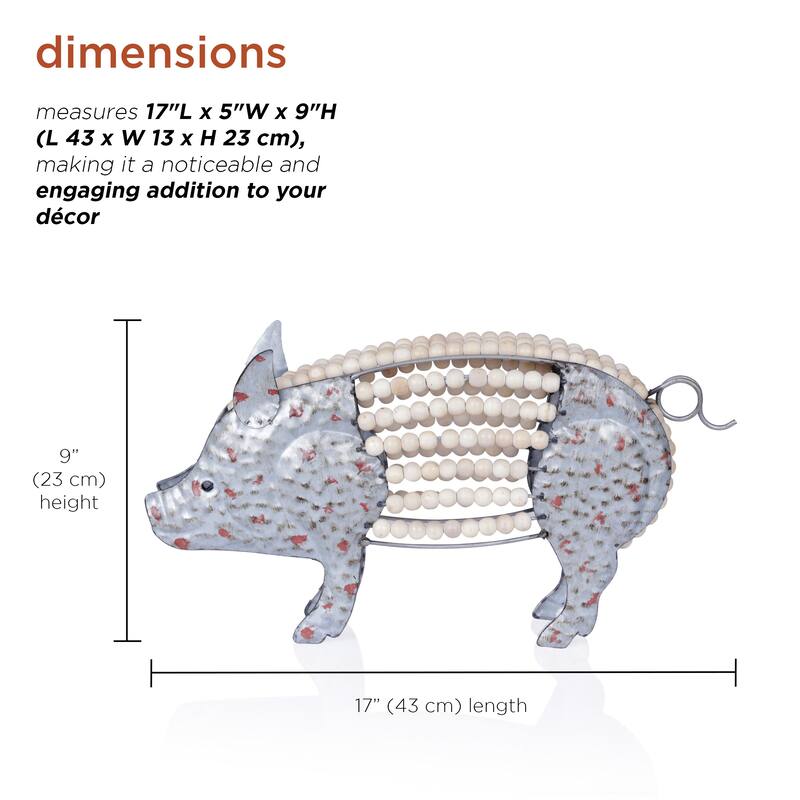 Metal Pig with Hollow Head and Wooden Beaded Body Decor