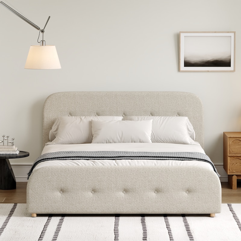King Size Beige Linen Upholstered Platform Bed Tall Tufted Headboard & High Footboard Minimalist Storage Bed Frame w/Drawers