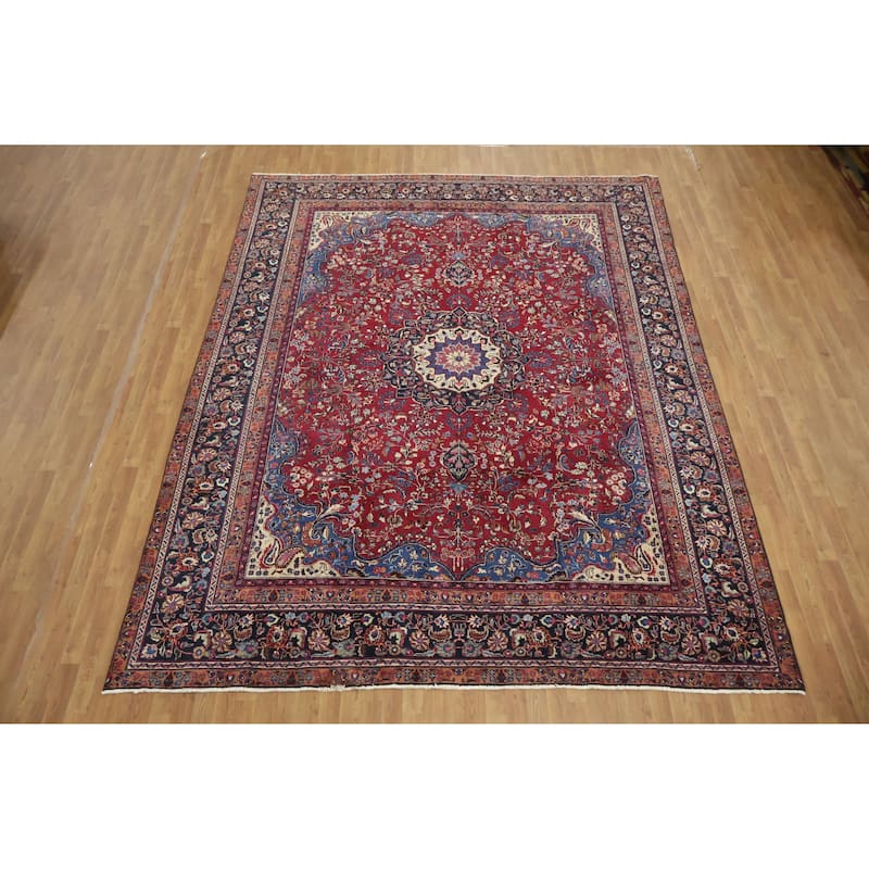 Hand Knotted Oriental 100% Wool Carpet Traditional Floral Red Mashad Area Rug - 12' 2'' X 9' 5''