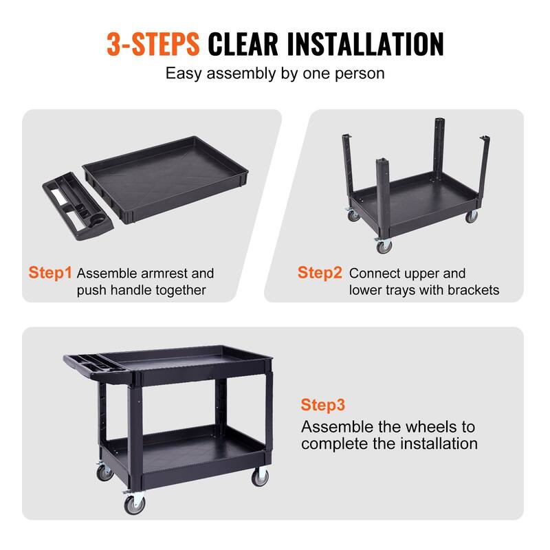 Black Heavy-Duty Plastic Utility Service Cart with 2 Storage Shelf and Lockable Swivel Wheels - 45.67 x 25.59 x33.46 in
