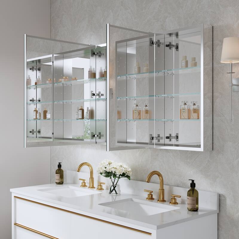56''/64''W X 30''H Recessed Or Surface Wall Mount Bathroom Medicine Cabinet With Adjustable Glass Shelves