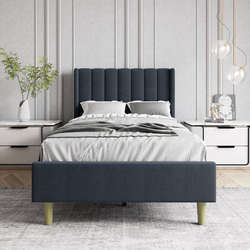 Aufank Bed Frame Upholstered Platform with Wooden Slats, Noise-Free