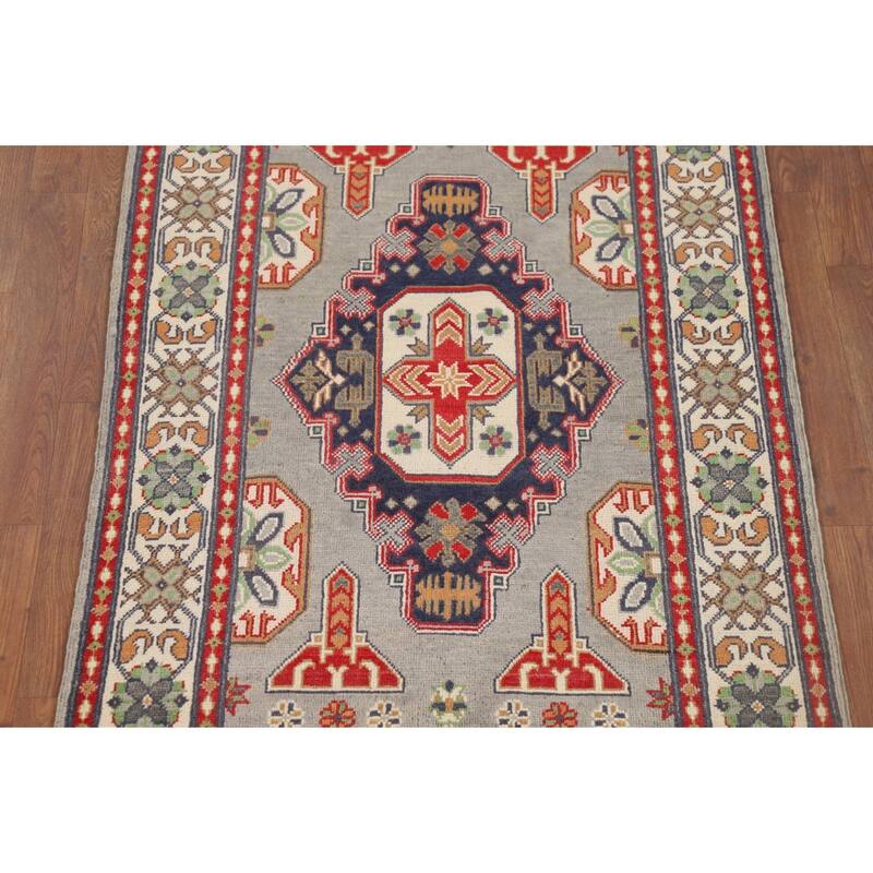 Traditional Grey Kazak Foyer Rug Hand-Knotted Wool Carpet - 3'2" x 4'11"