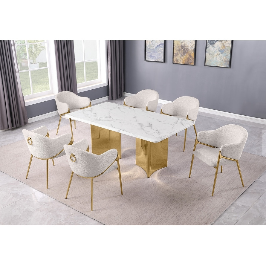 Best Quality Furniture White Marble 7pc Dining Set Boucle Fabric Chairs