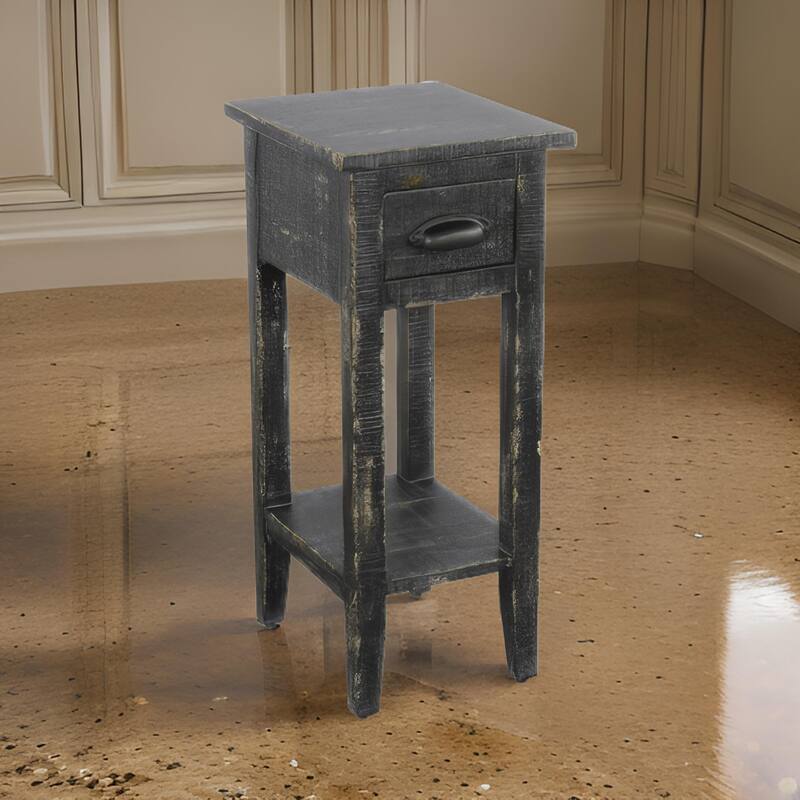 Rena Chairside Table w Drawer and Shelf, 14 Inch Black Mahogany Wood