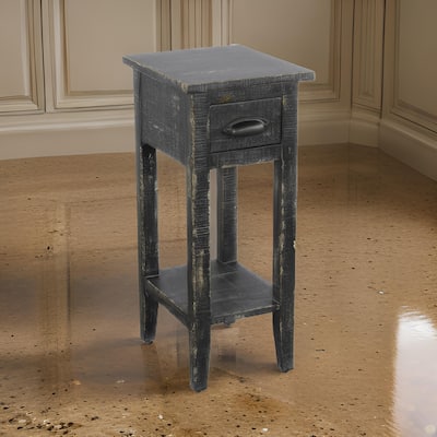 Rena Chairside Table w Drawer and Shelf, 14 Inch Black Mahogany Wood