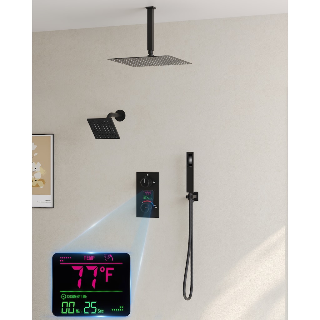 Dual Shower System Faucet with Temperature Digital Display,12" High-Pressure Rainfall Shower Head with Pressure Balancing Valve