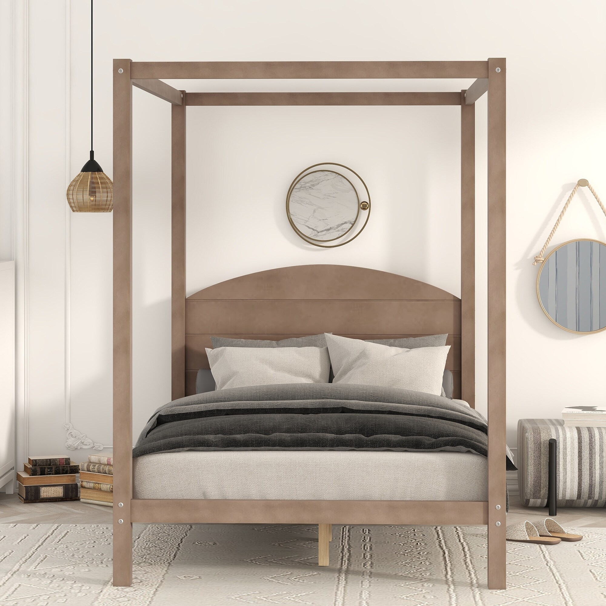 Full Size HalfMoon Headboard Canopy Bed Straight Lines Platform Bed