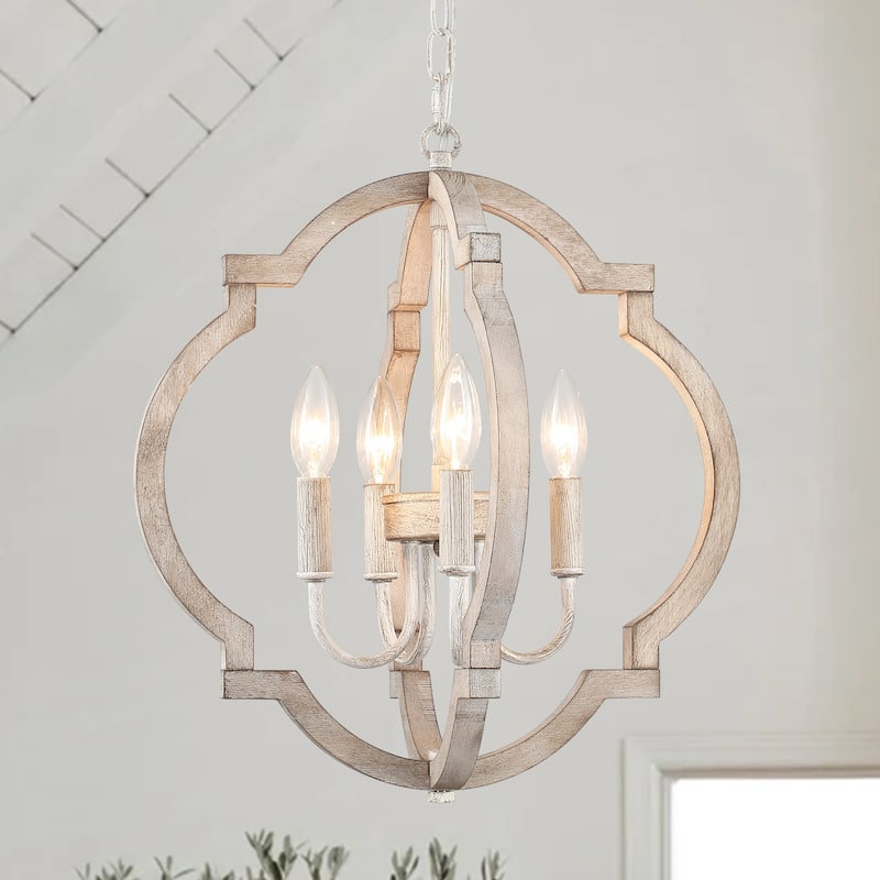4-Light 16.33"W Wooden Lantern Rustic Chandeliers for Dining Room Kitchen - Antique Gray