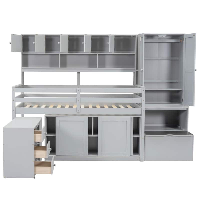 Gray Twin Size Wooden Loft Bed with Integrated Wardrobe, Under-bed Desk, and Shelves