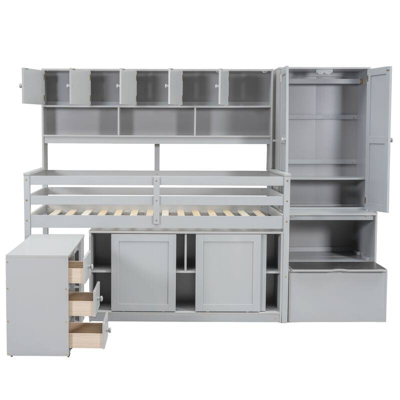 Twin Size Loft Bed with Storage, Desk, Drawers, and Shelves, Gray